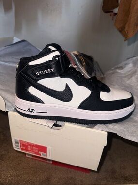 Stussy x Nike Air Force 1 Mid Black and White High-Top Sneakers